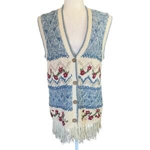 Margules Womens Vest Sweater Cardigan M Blue Knit Boho Fringes Grandmacore